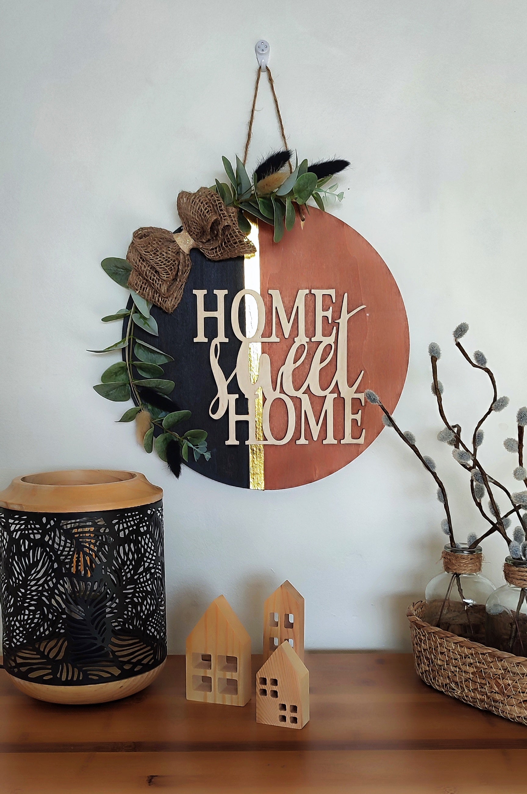Décoration murale ronde en bois "Home sweet Home"